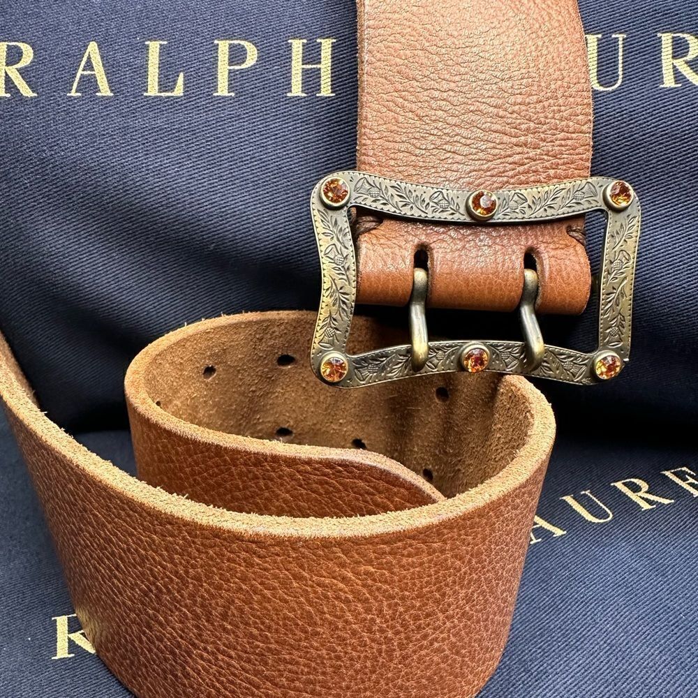 Ralph Lauren Italian Embellished Brass Buckle Calfskin Contour Belt